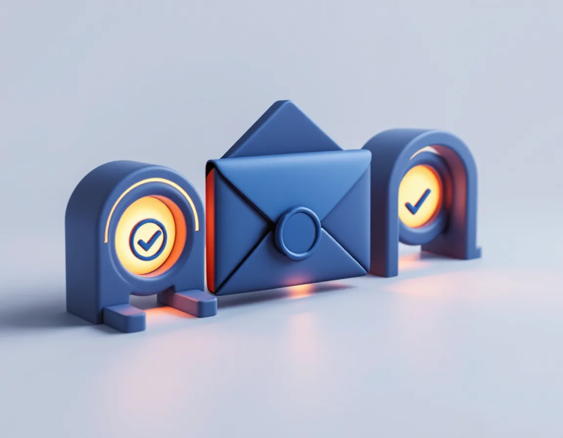 Sealed email envelope passing through verification gates, representing SPF, DKIM and DMARC checks