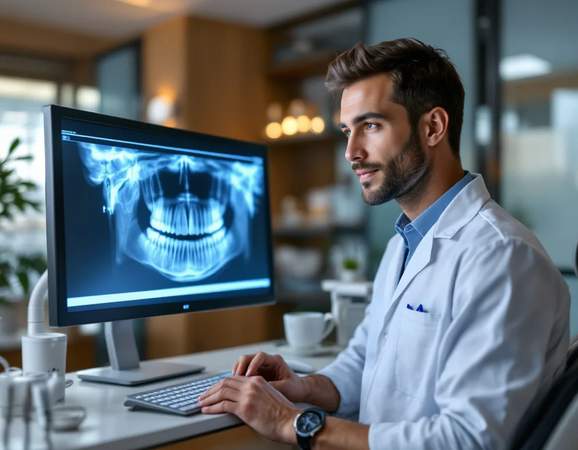 Dental clinician reviewing a high-resolution digital X-ray on a modern monitor