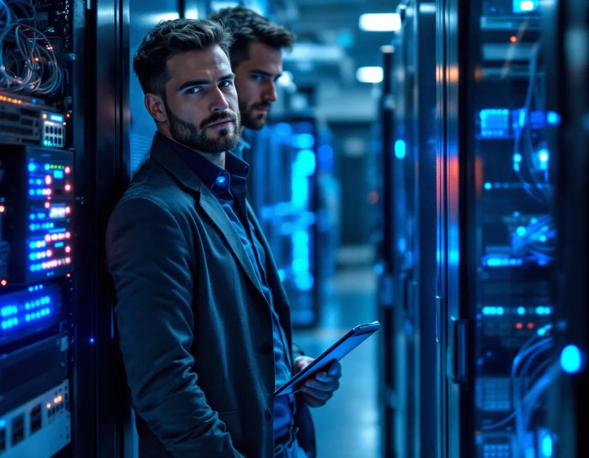 IT engineer installing a modern firewall appliance in a healthcare facility server rack