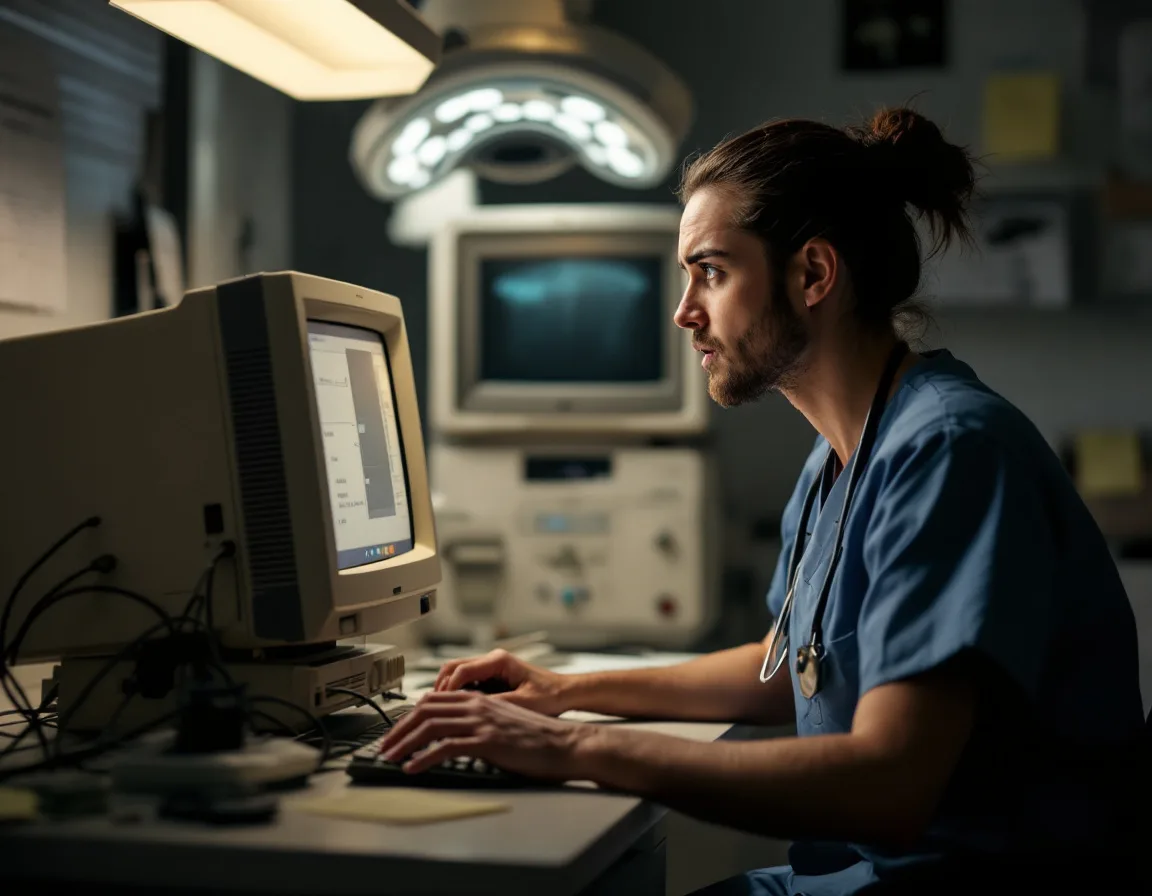 Healthcare staff frustrated with outdated computer at a dental practice workstation