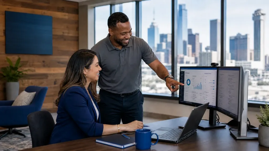 Uprite IT specialist supporting a Texas business client on a dual-monitor laptop providing managed IT support in a modern Houston office