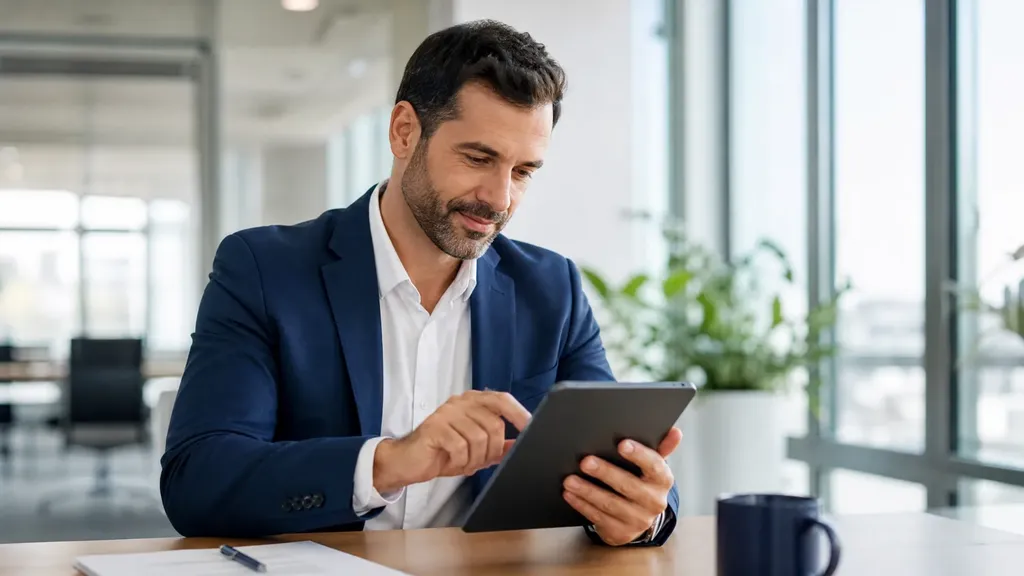 Texas business professional filling out the Uprite IT referral form on a tablet in a modern workspace
