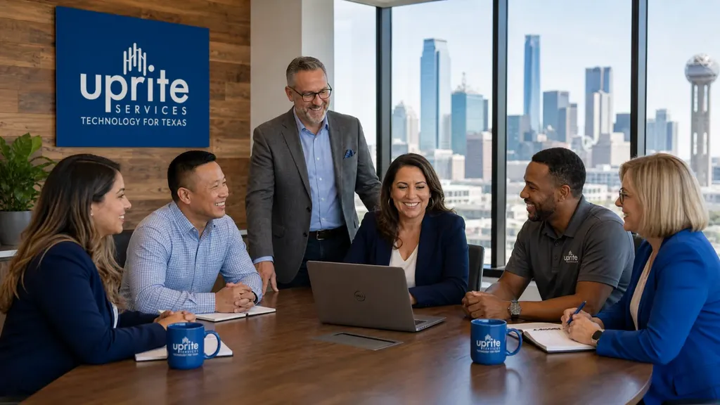 Diverse Texas small business team of 6 in a modern conference room the ideal fit for Uprite managed IT and cybersecurity referrals