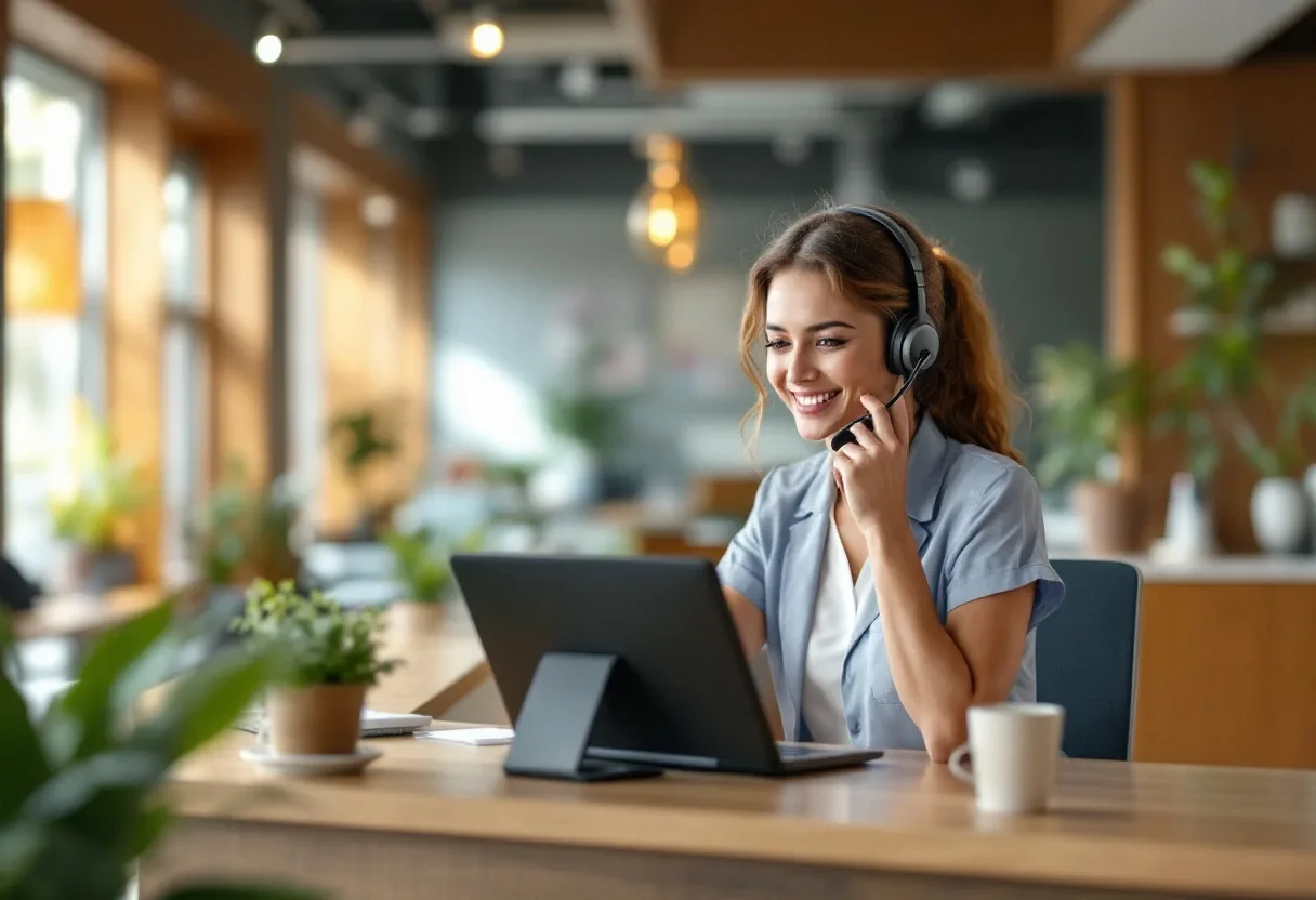 Receptionist answering a business phone call with a headset at a San Antonio office