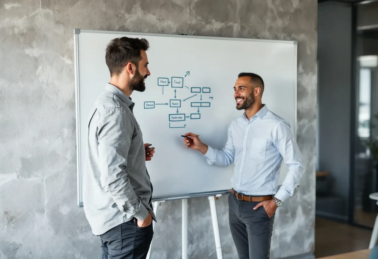 In-house IT manager and Uprite engineer planning a network change at a whiteboard