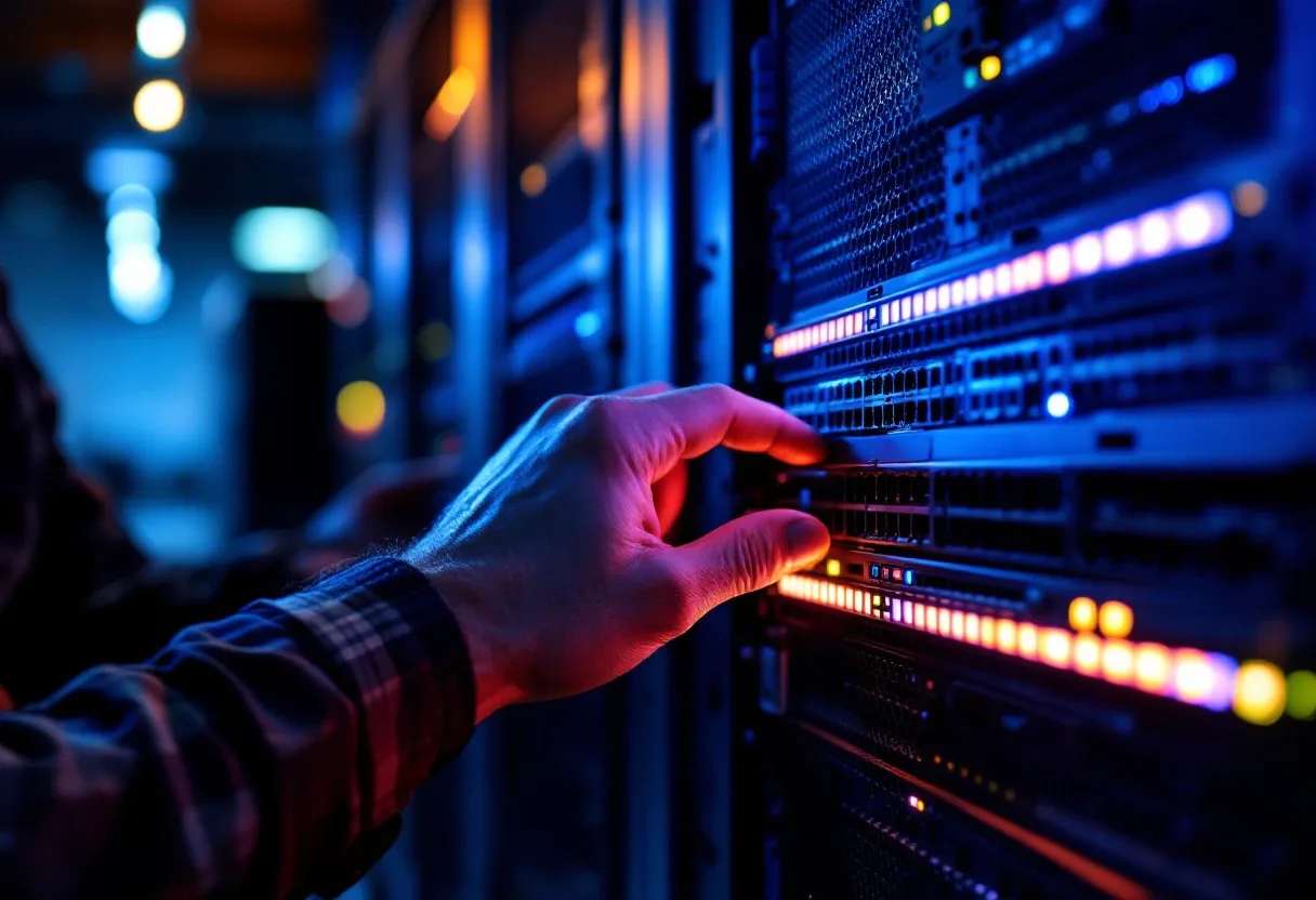Engineer checking a monitored network rack for a San Antonio managed IT client