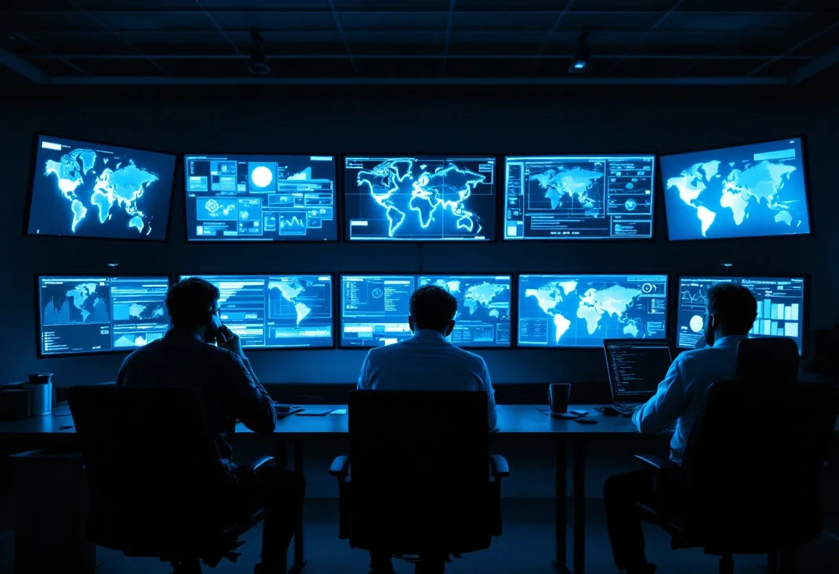 Security analysts watching monitoring screens during a night shift
