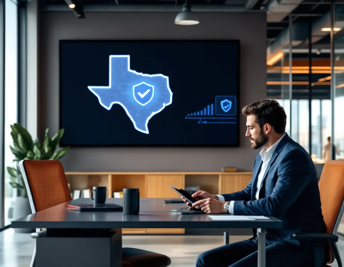 Texas business executives reviewing an AI governance and compliance policy with a Texas map and security shield on screen
