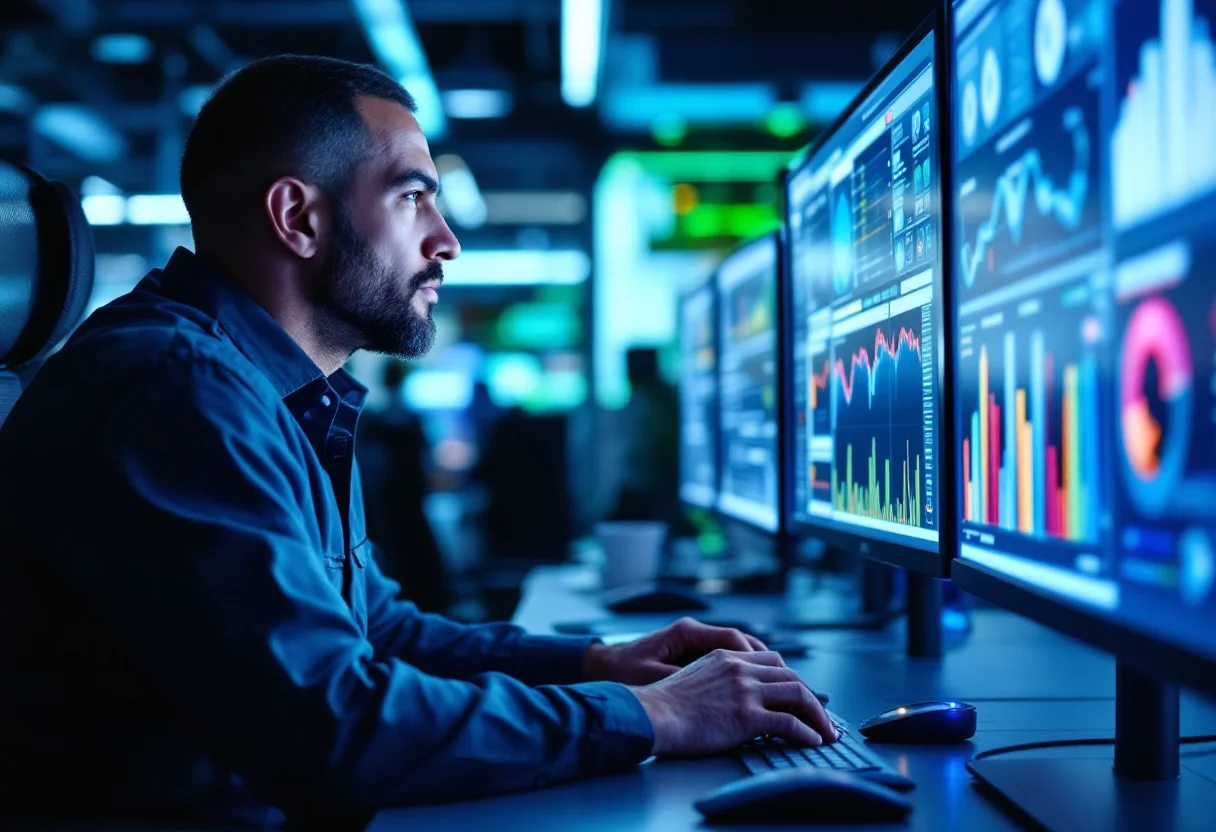 Uprite cybersecurity and infrastructure engineer monitoring security dashboards as co-managed IT backup for a Houston team