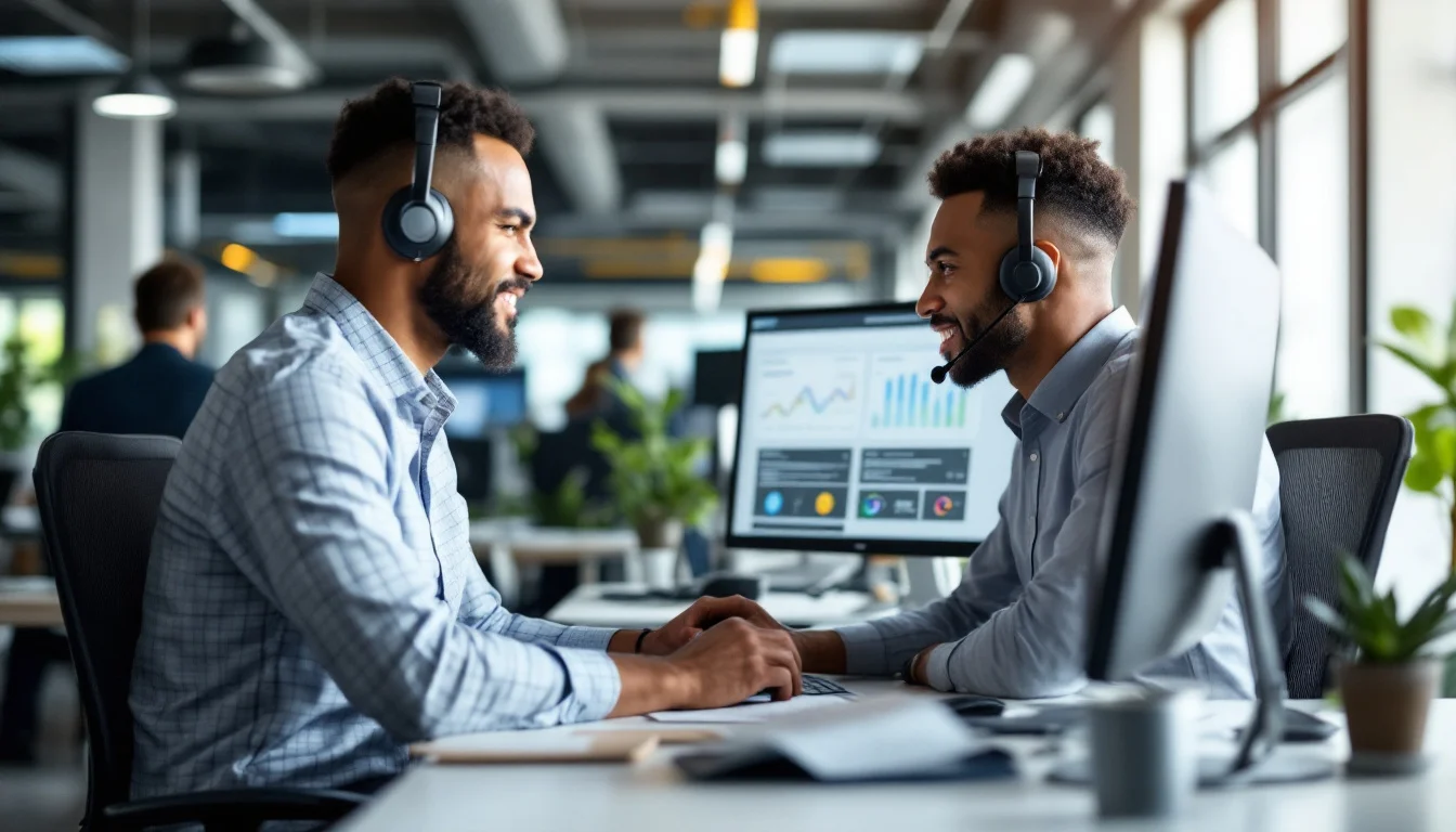 Houston IT manager and Uprite co-managed IT engineer reviewing tickets together at adjacent workstations