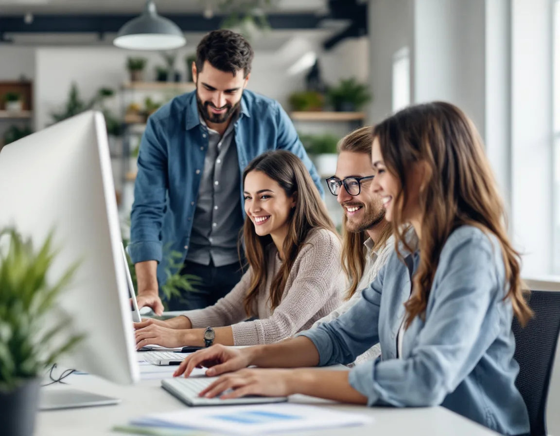 Productive accounting team collaborating in a modern unified office after IT modernization