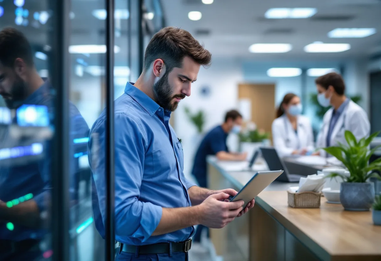 IT technician reviewing a tablet beside a server cabinet in a Houston medical practice while clinical staff work at the front desk behind him