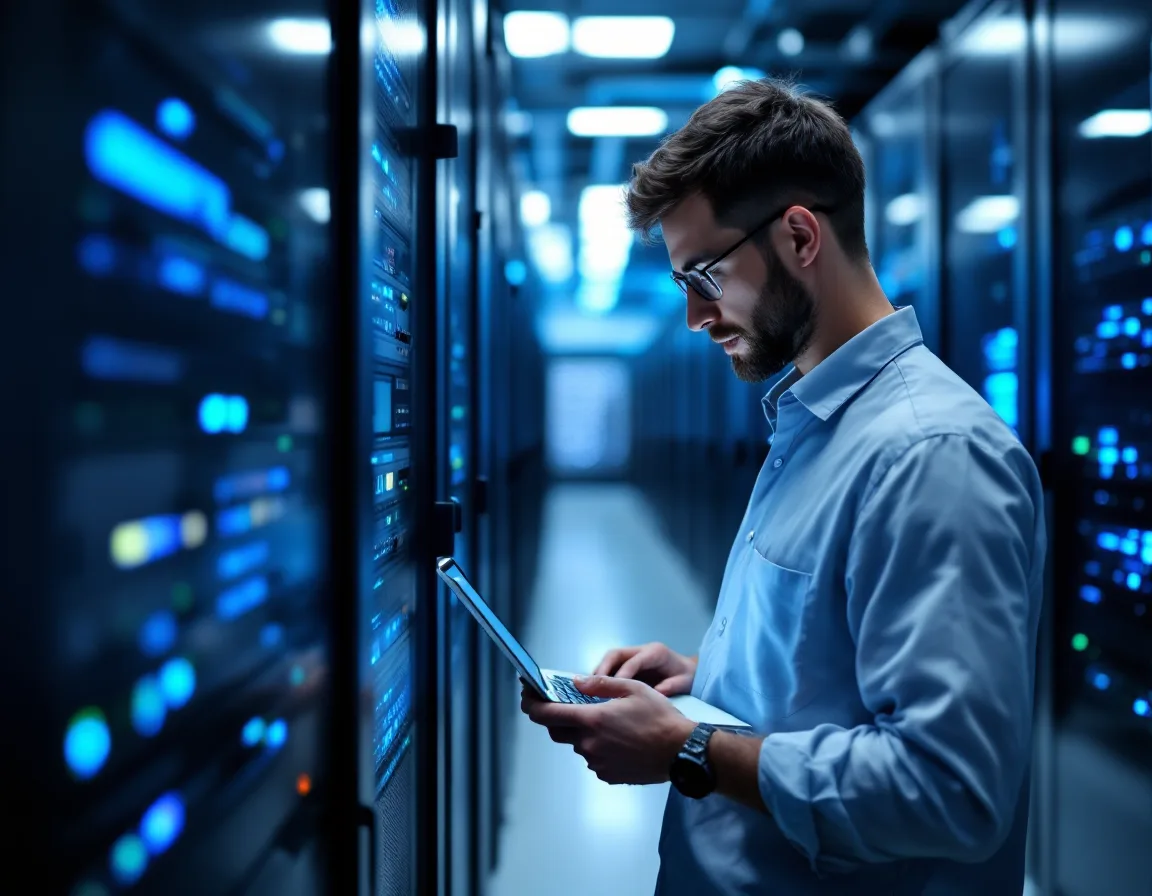 IT technician verifying offsite server backups before hurricane season