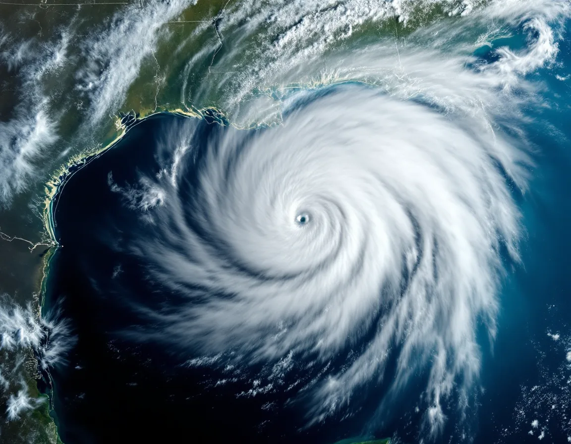 Satellite view of a hurricane in the Gulf of Mexico approaching the Texas coast