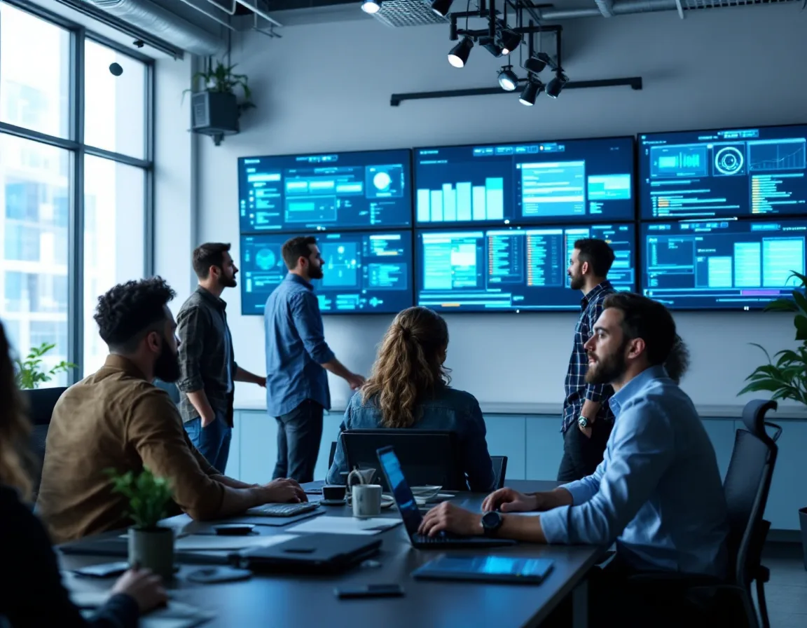 Managed IT team monitoring systems in a Houston operations center
