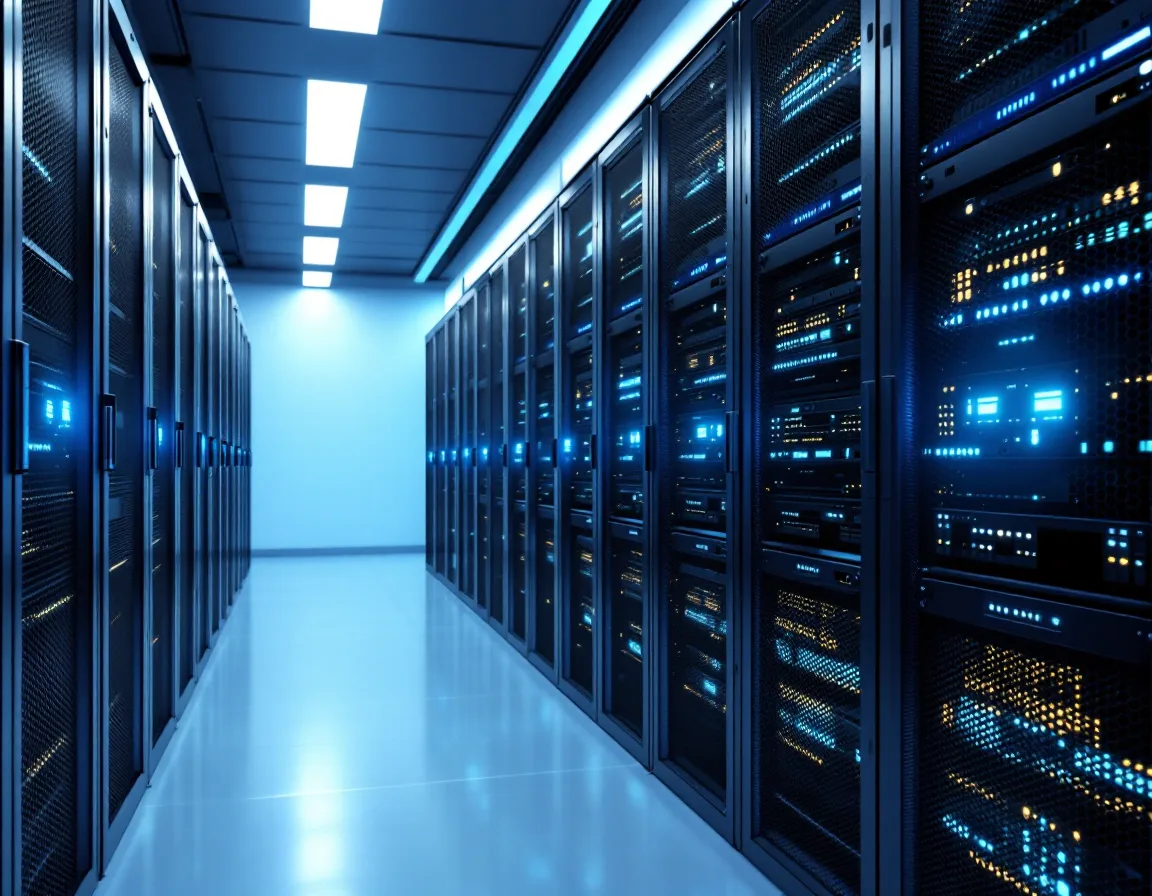 Centralized secure cloud server storage with organized racks and blue status lights for law firm case files