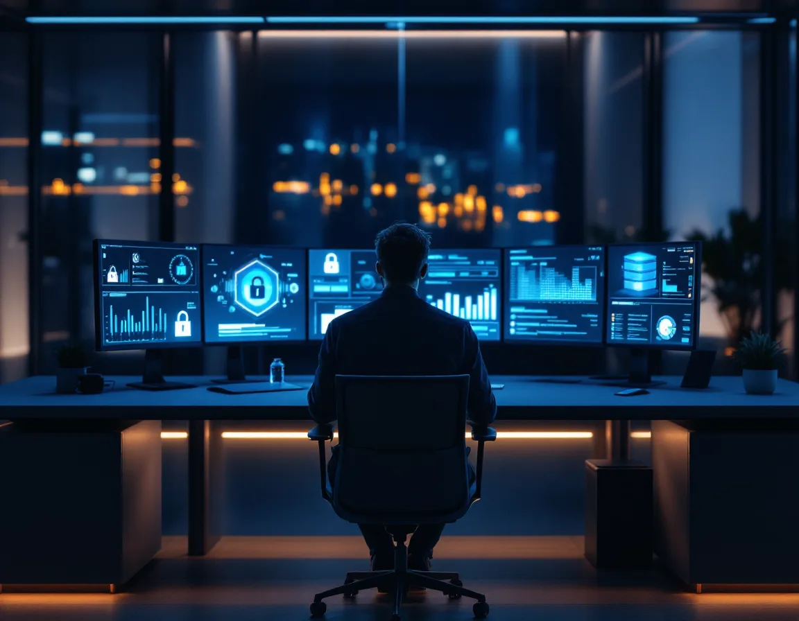 IT engineer configuring network security and migrating legal case data across multiple monitors