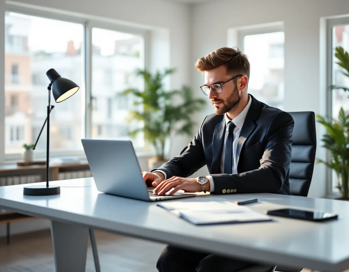 Attorney working remotely and securely accessing case files on a laptop from outside the office