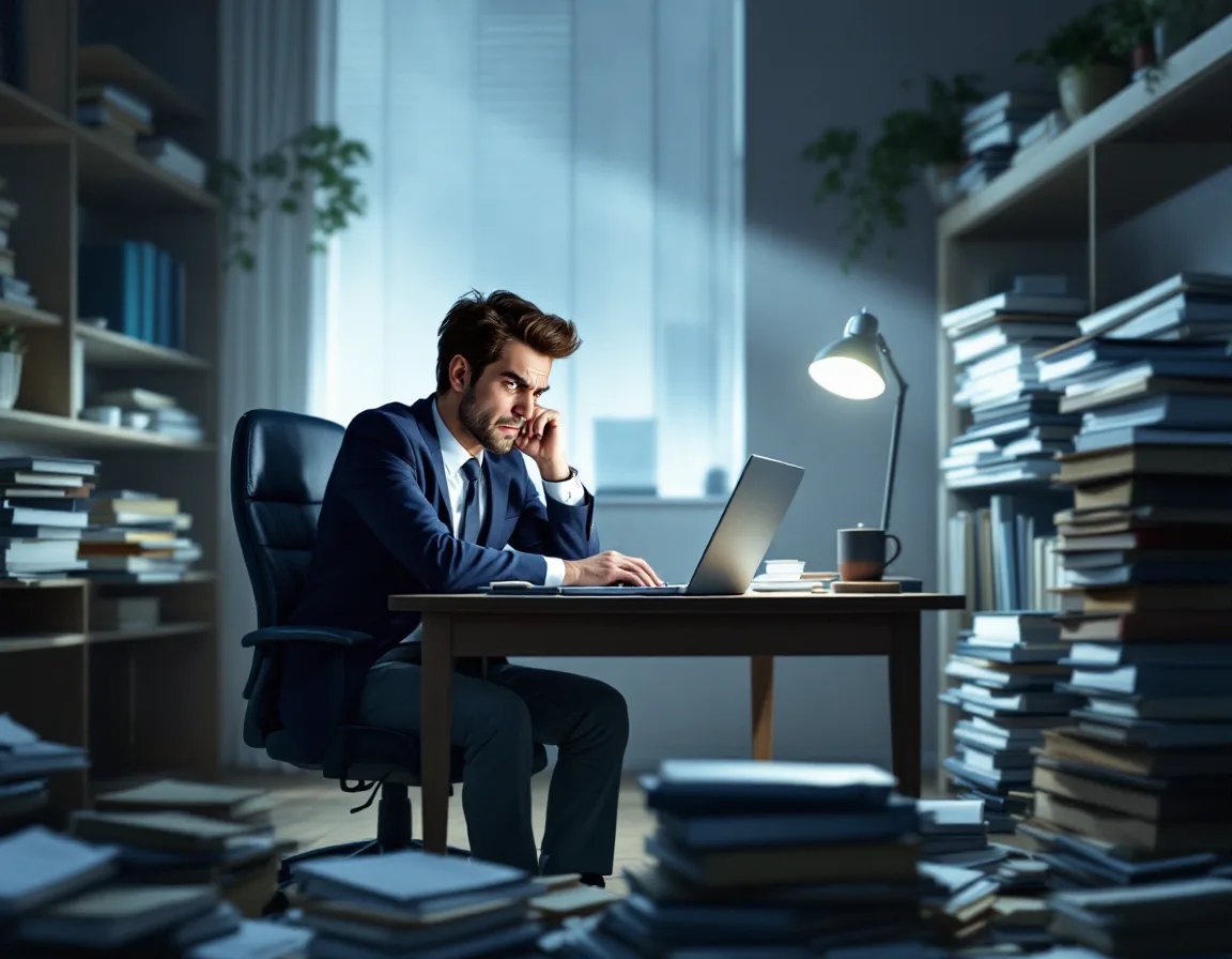 Frustrated lawyer waiting on a slow-loading laptop surrounded by disorganized legal files before the IT upgrade