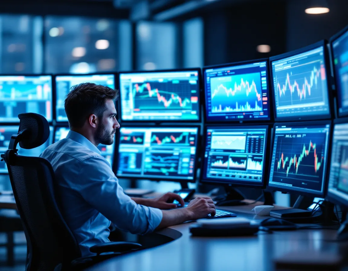 Energy commodity trading desk in a Houston office with multiple monitors showing market data