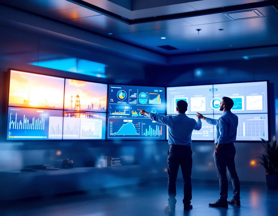 Energy operations control room with professionals reviewing oil and gas production and pipeline dashboards