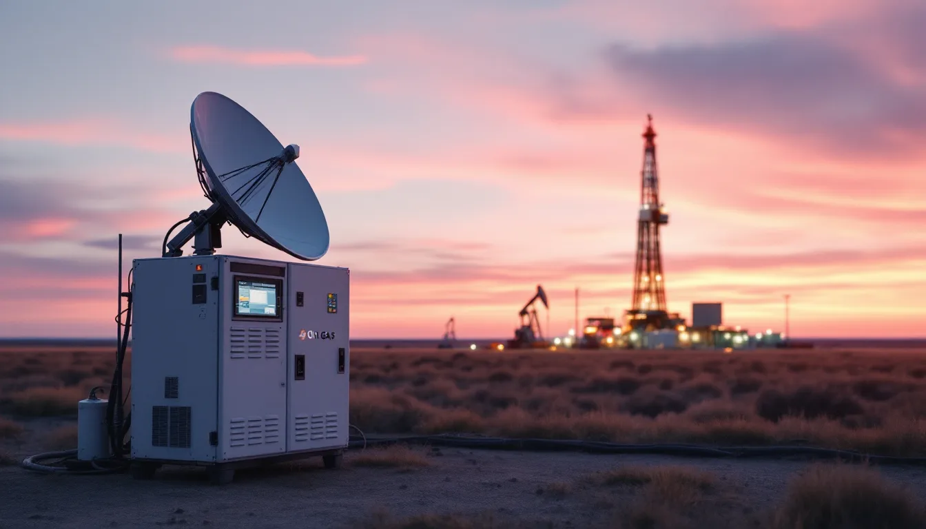 Remote West Texas drilling site with satellite and network equipment connecting field operations to corporate systems