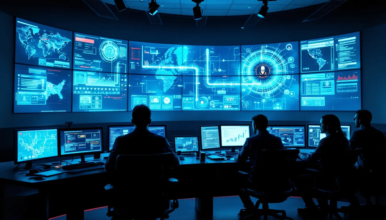 Energy sector security operations center with analysts monitoring cyber threat dashboards for oil and gas infrastructure