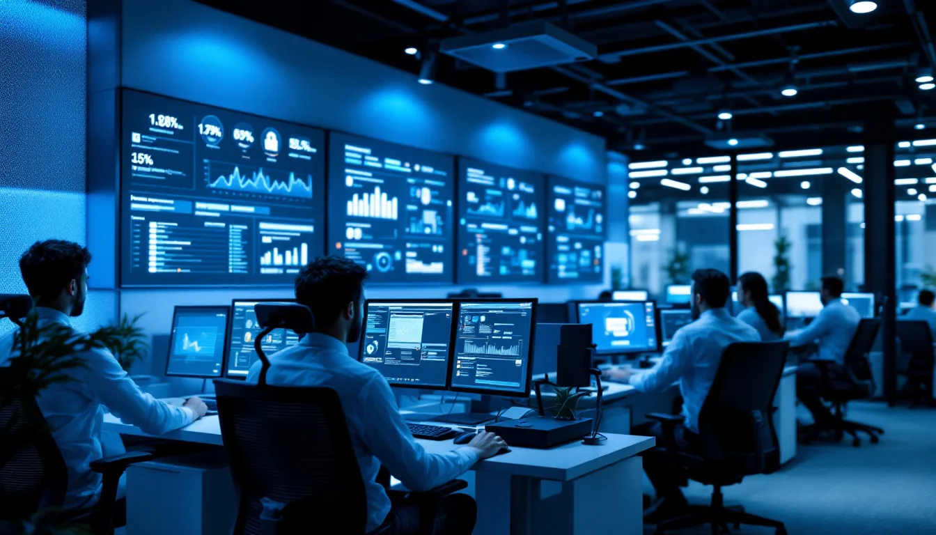 Managed IT services San Antonio operations center with engineers monitoring network dashboards