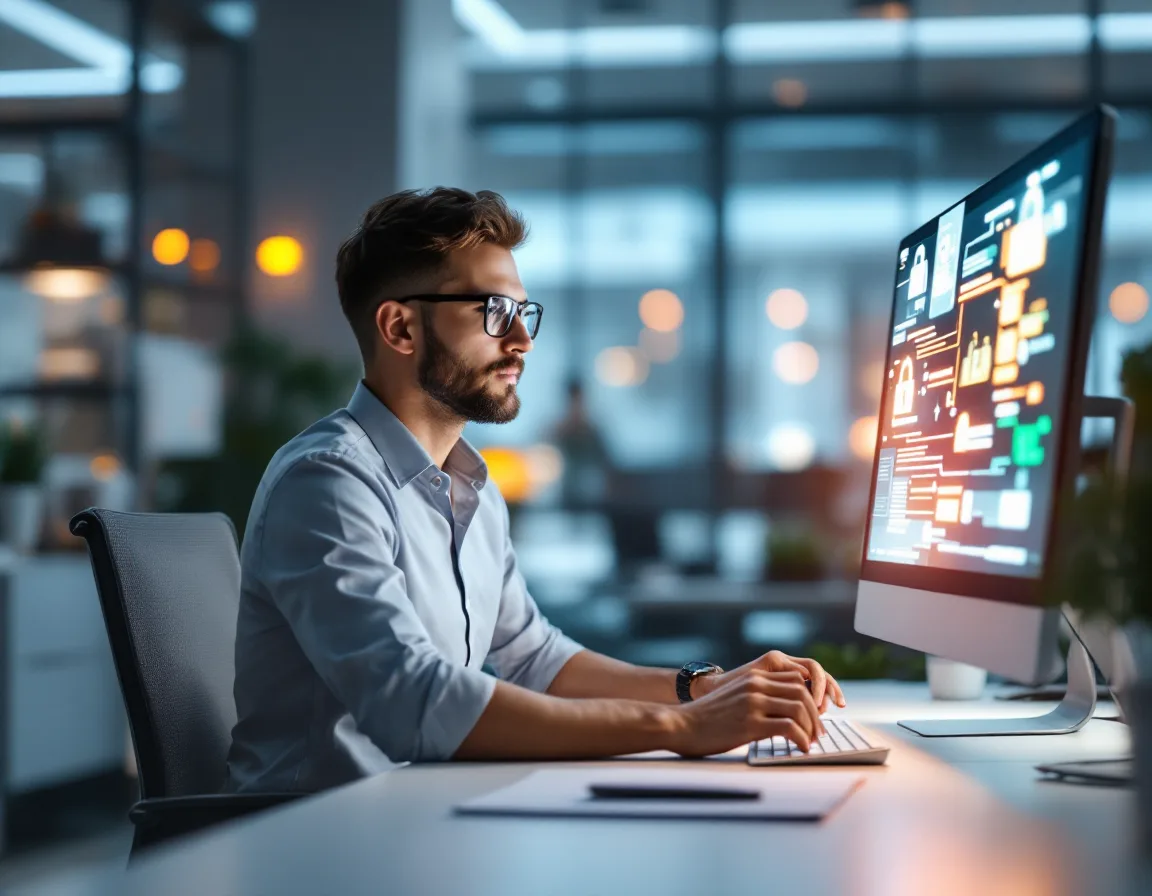 IT professional configuring multi factor authentication and encryption for a managed phone system