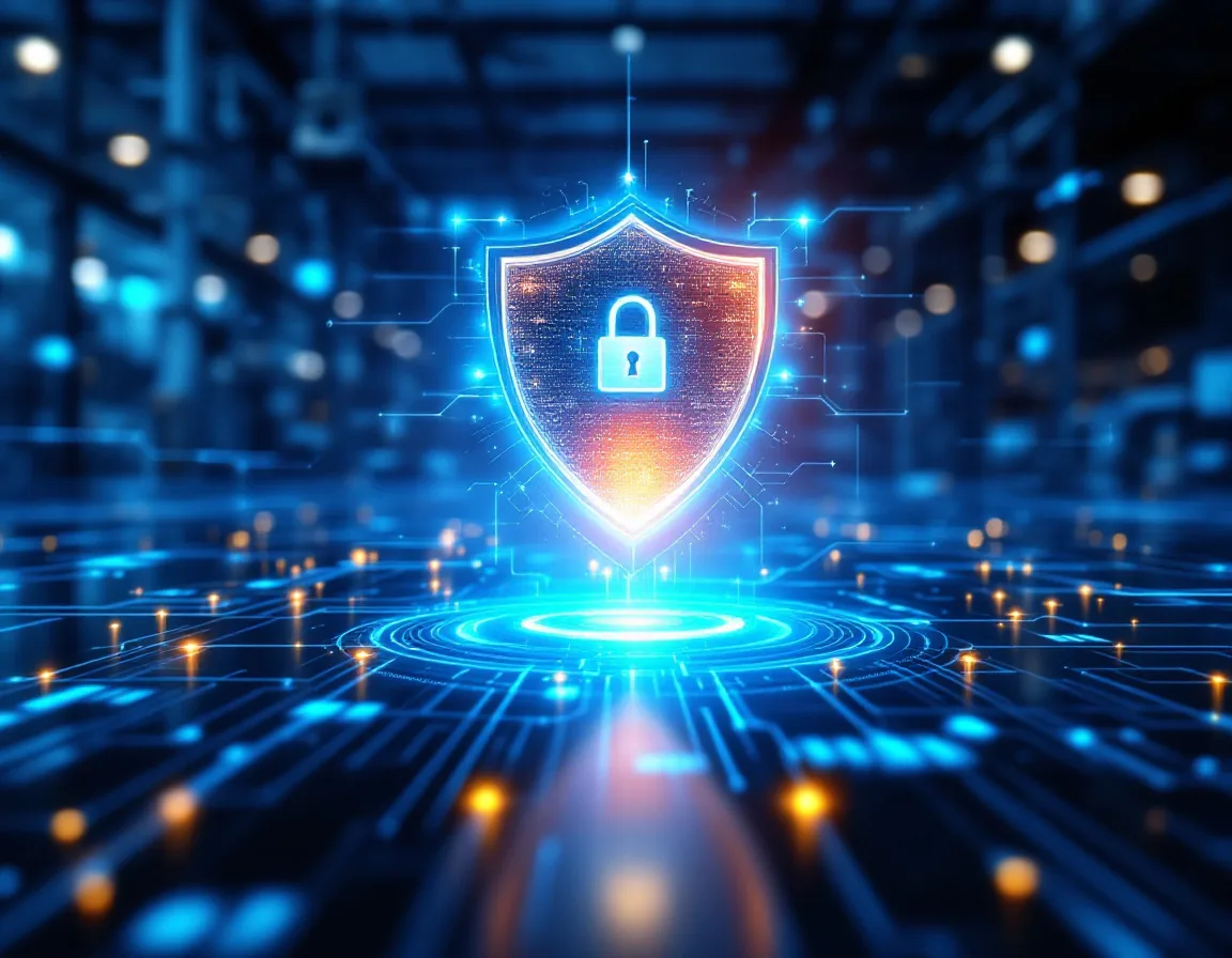 Cybersecurity shield and padlock protecting a manufacturing company network for insurance compliance
