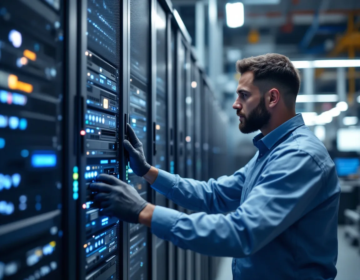 IT engineer installing modern servers and workstations during manufacturing IT modernization