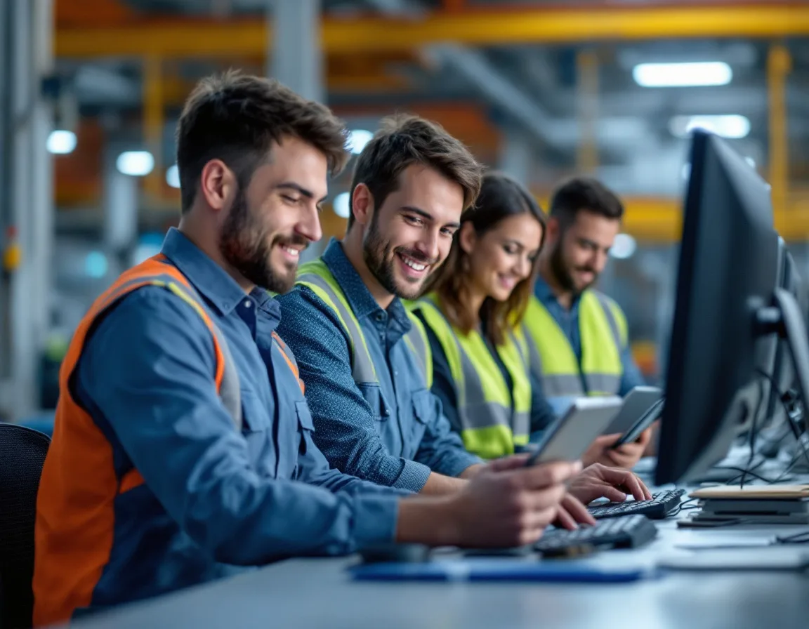 Manufacturing team working productively with reliable new computers after IT modernization