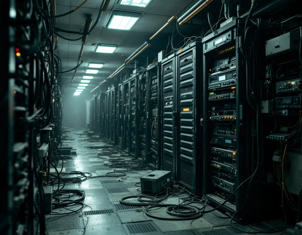 Aging end-of-life servers with tangled cabling in an overcrowded non-profit server room before modernization