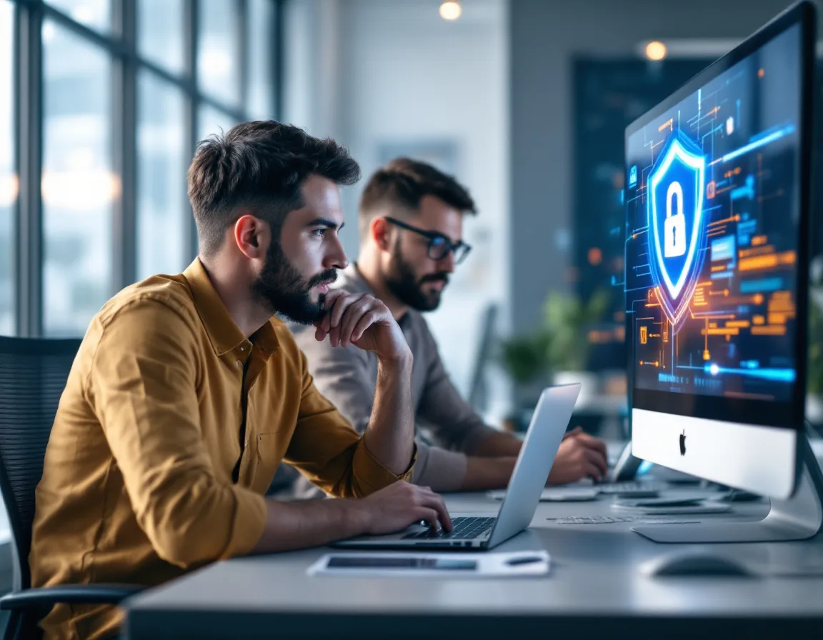 Managed IT support technician configuring multi-factor authentication and firewall protection on a laptop