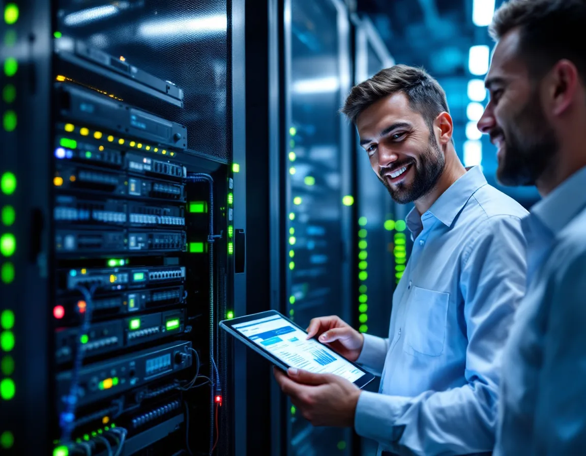 Organized modern server rack with fiber cabling and green status lights showing scalable reliable IT infrastructure