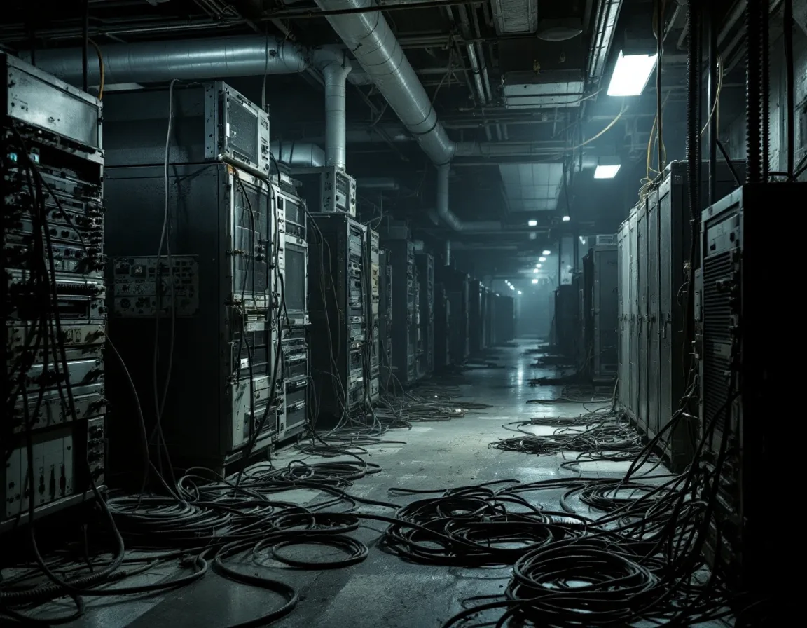 Outdated cluttered server room with tangled cables representing aging IT infrastructure at an oil and gas company