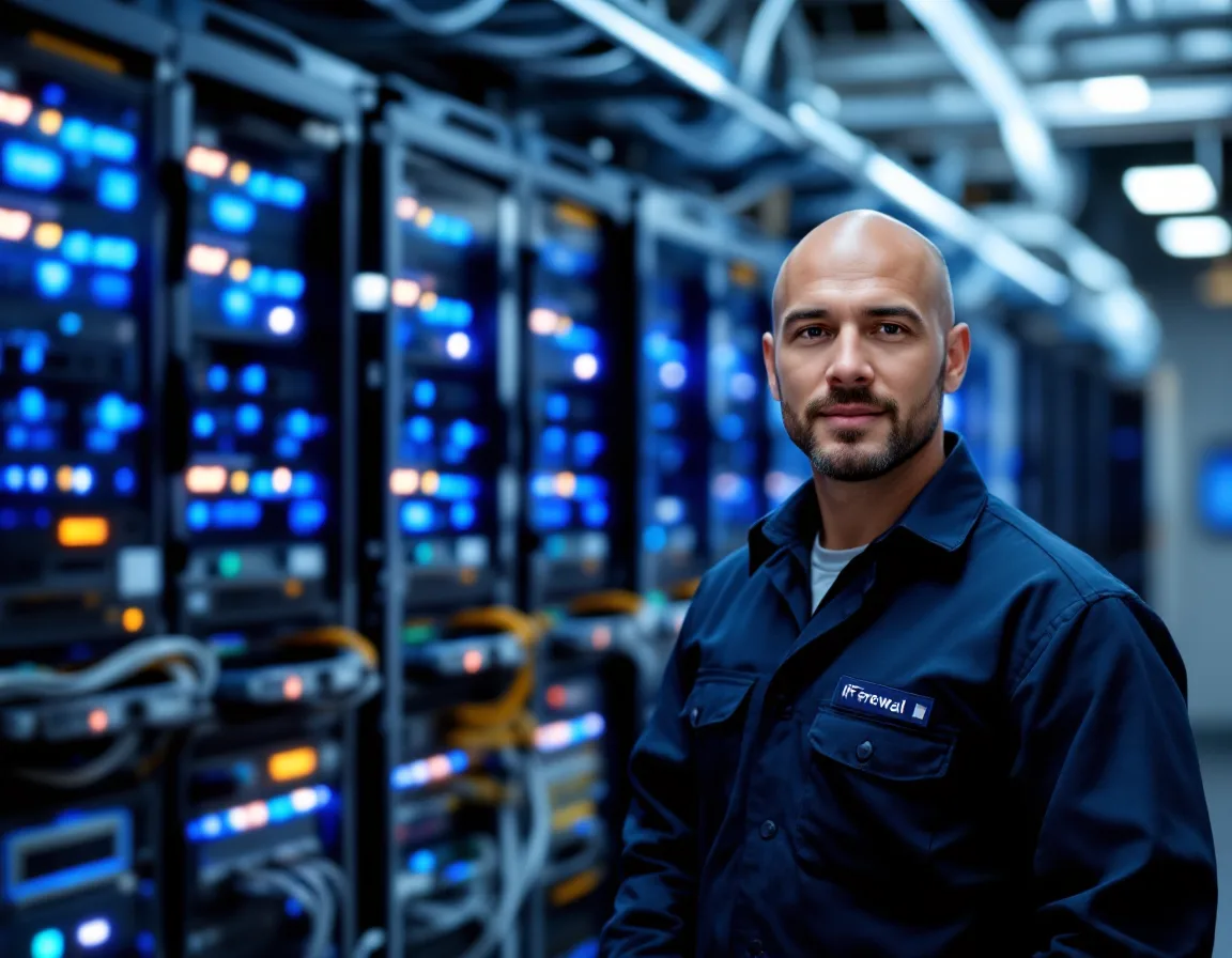 IT engineer deploying layered cybersecurity and modern network infrastructure at an energy facility
