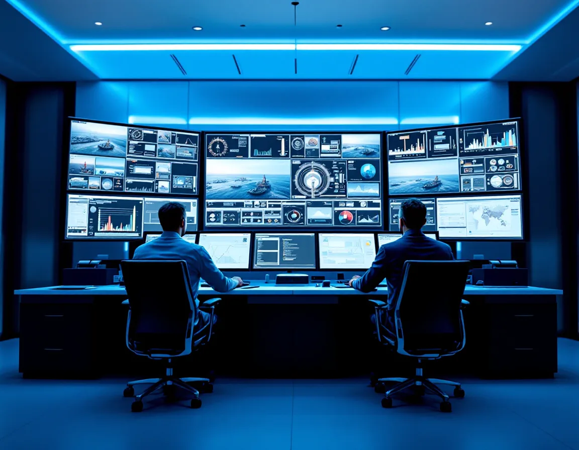 Operators monitoring stable secure systems in a well-run oil and gas operations control center