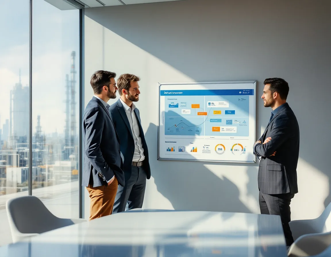 Executives and an IT leader reviewing an infrastructure roadmap during strategic IT planning