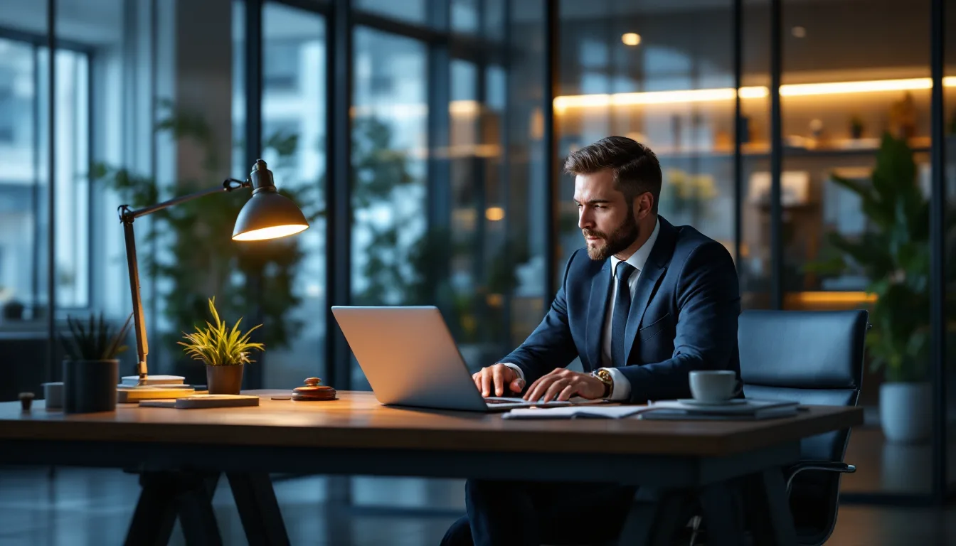 Personal injury law firm IT transformation — attorney securely accessing digital case files on a laptop in a modern law office