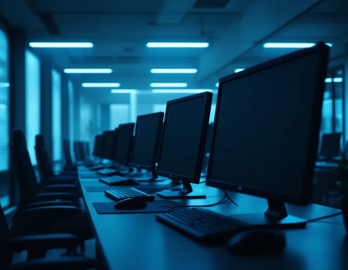 Darkened office with blank monitors during ransomware downtime at a Houston business