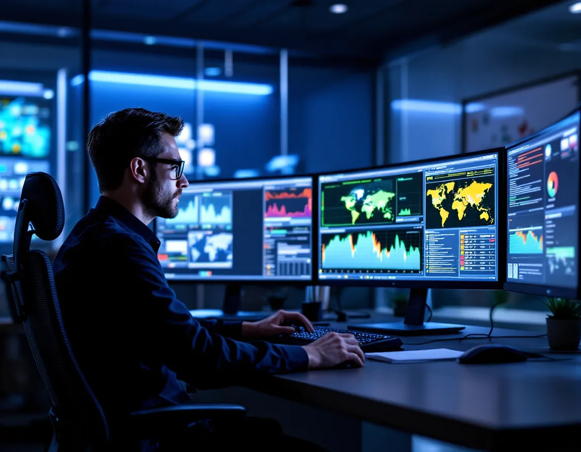 Security analyst monitoring threats in a 24 hour security operations center