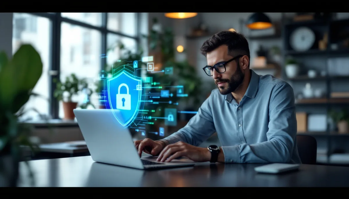 Small business owner reviewing cybersecurity threat alerts on a laptop in a Houston office