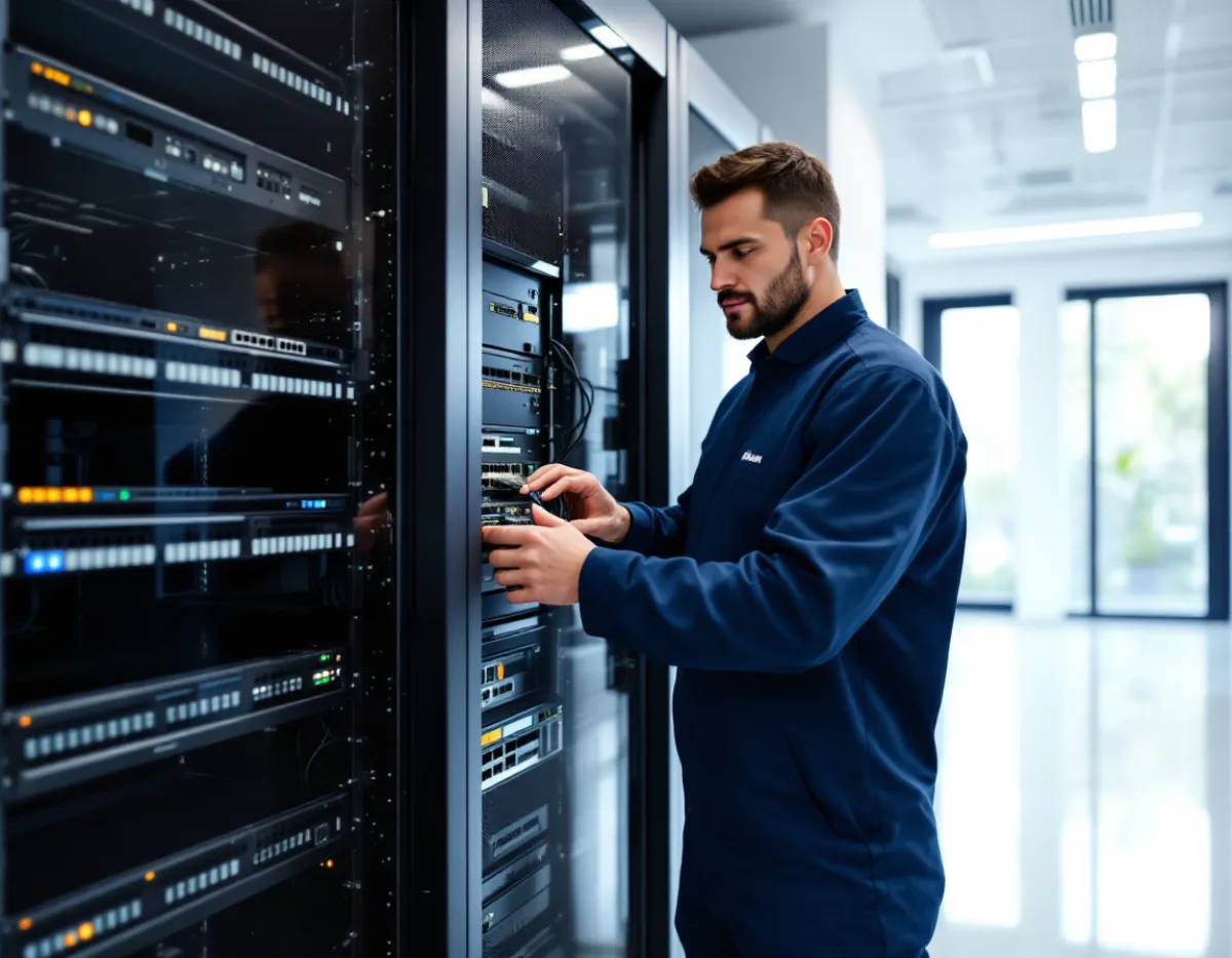 IT technician installing a business-grade network switch and firewall in a server rack