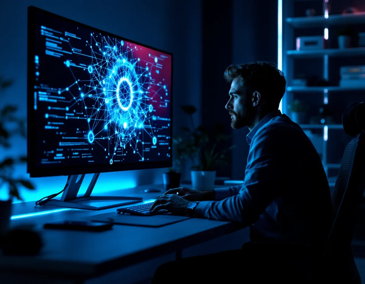 IT engineer reviewing a network segmentation and architecture plan on a monitor