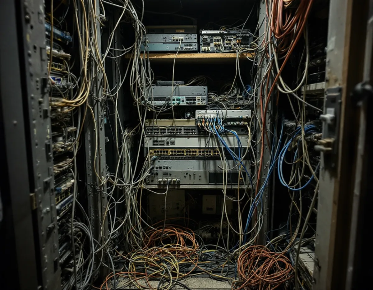 Outdated tangled network wiring closet with consumer-grade equipment before the IT upgrade