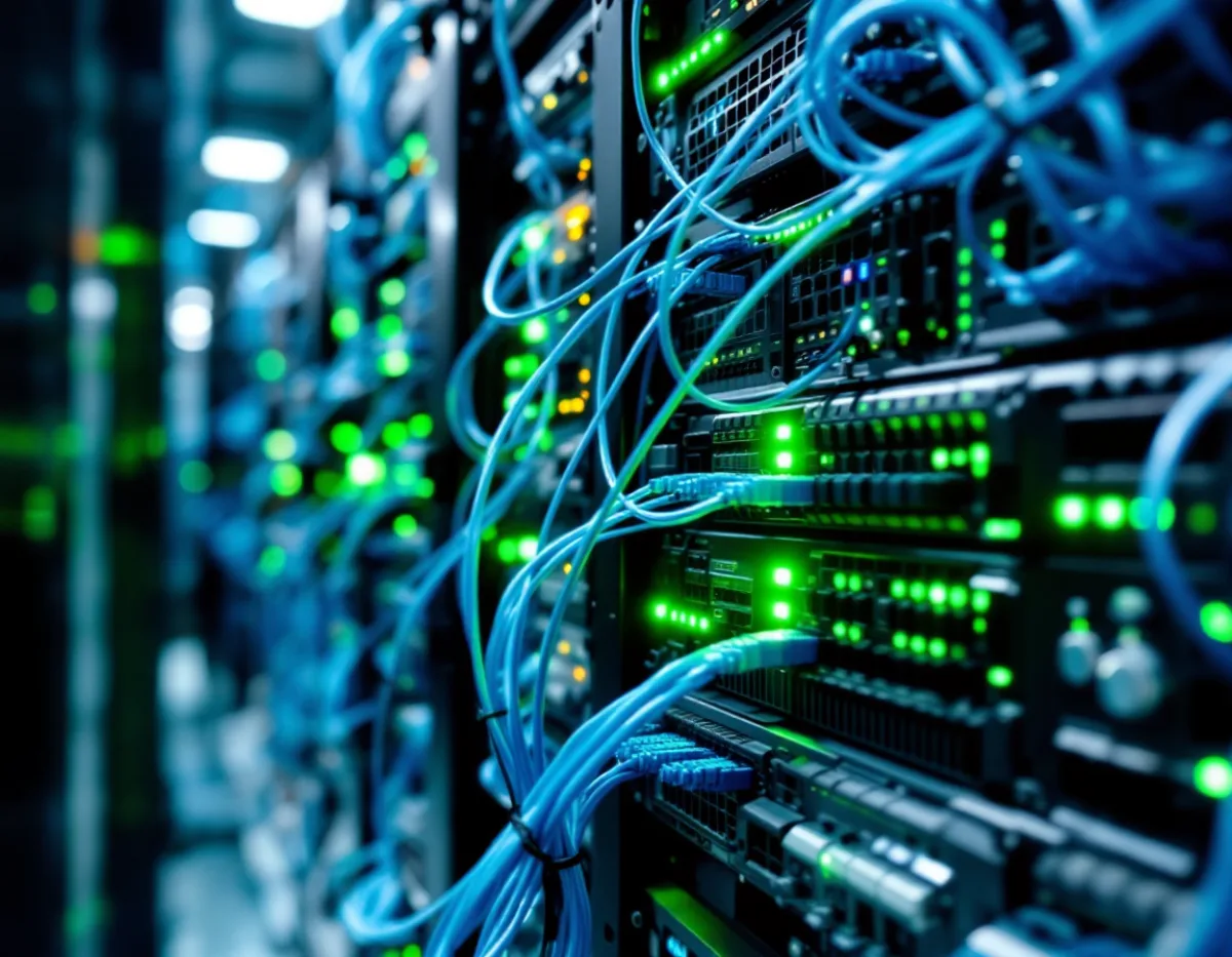 Organized server rack with fiber optic cabling and green status lights showing a reliable secure network