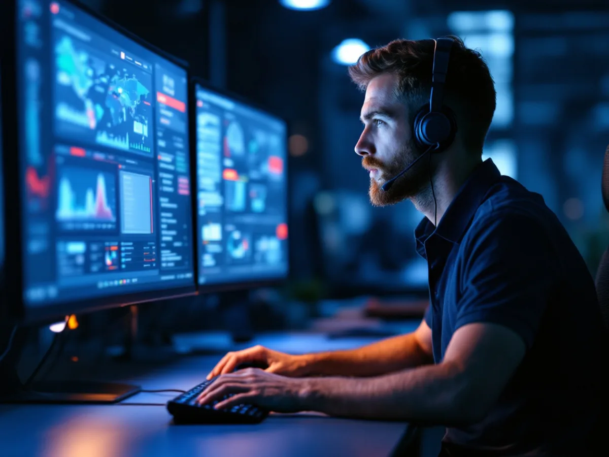 On-call Uprite technician monitoring network alerts overnight during after-hours IT support coverage for Dallas businesses