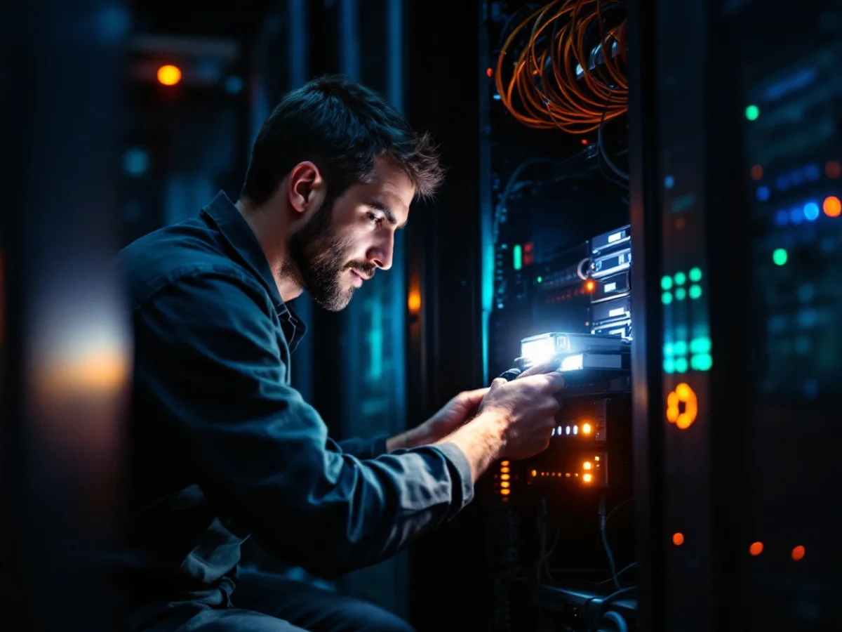 IT engineer performing an emergency after-hours server rack repair for a Dallas business during a system outage