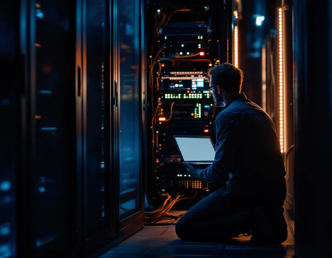 IT engineer performing emergency after-hours server rack repair for a Houston business during a system outage